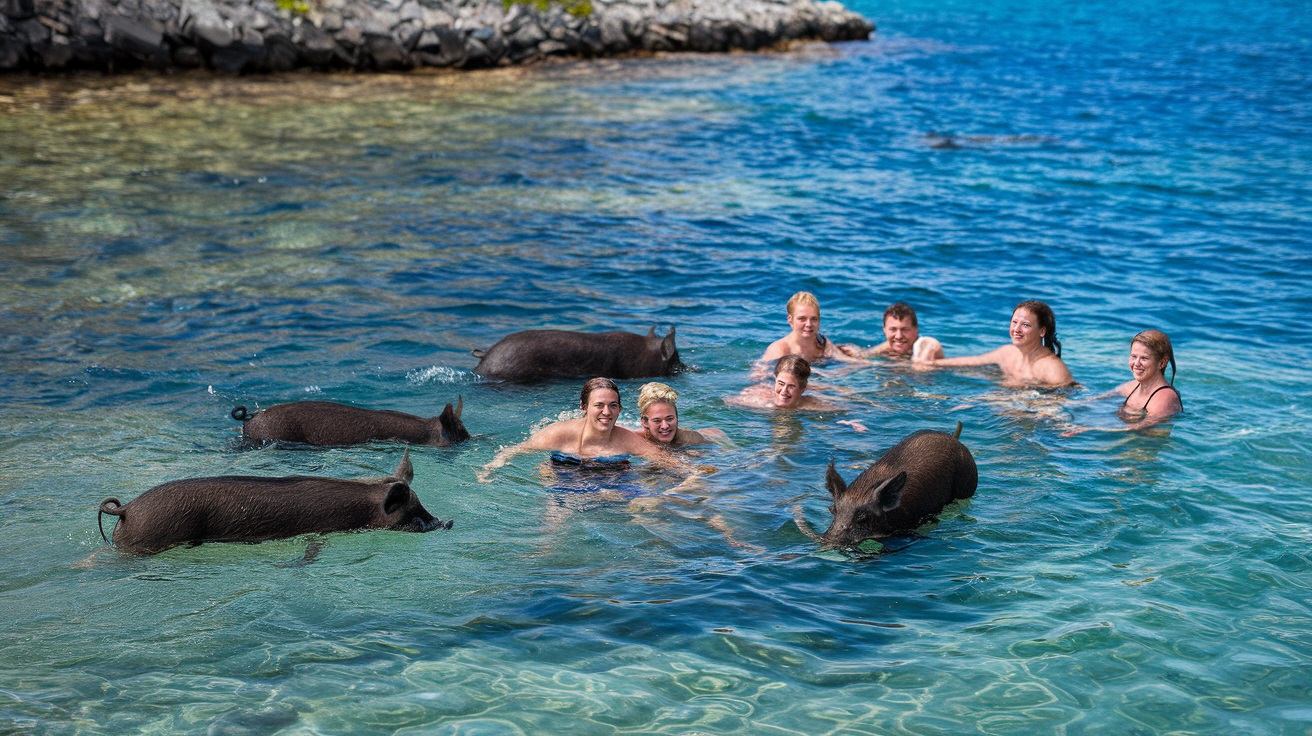 Swimming with pigs during vacation in the Bahamas