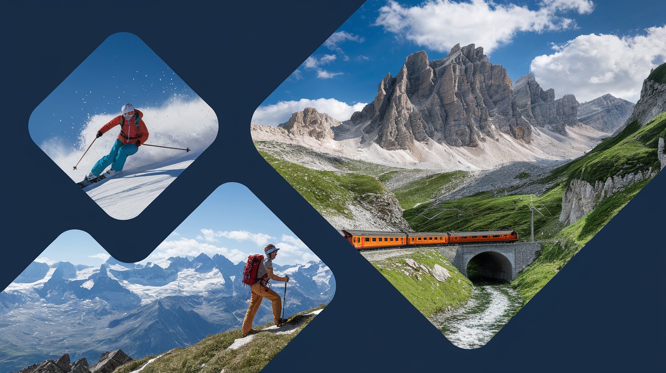 A collage of key activities like skiing, hiking, and scenic train rides.