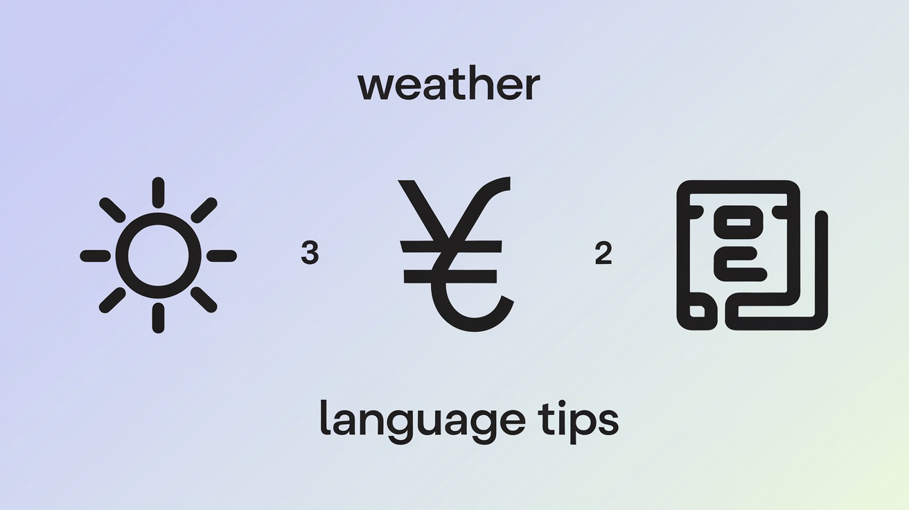 A friendly infographic with icons for weather, currency, and language tips 1