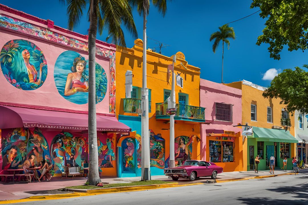 Colorful shot of Miami Little Havana streets, with murals and people enjoying the lively atmosphere.