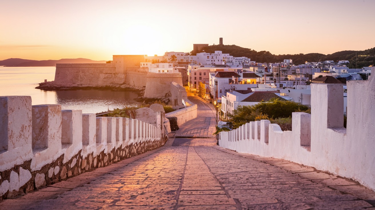 Dalt Vila’s cobblestone streets or a scenic shot of Ibiza Town at sunset.