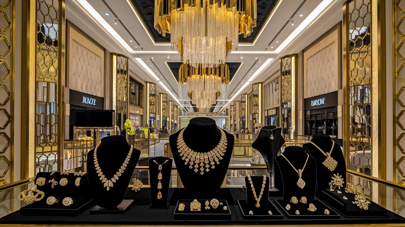 Gold jewelry and luxury mall interiors in Dubai