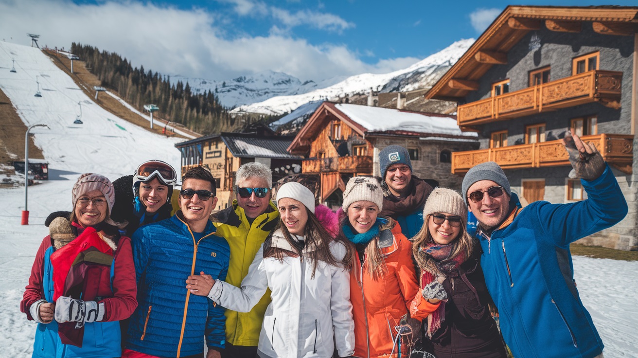 Happy tourists enjoying the snow or local landmarks.