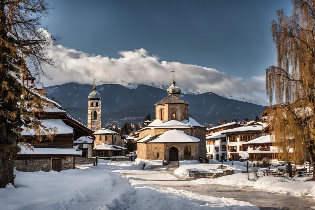 Holy Trinity Church with old town in Bansko, Bulgaria.
