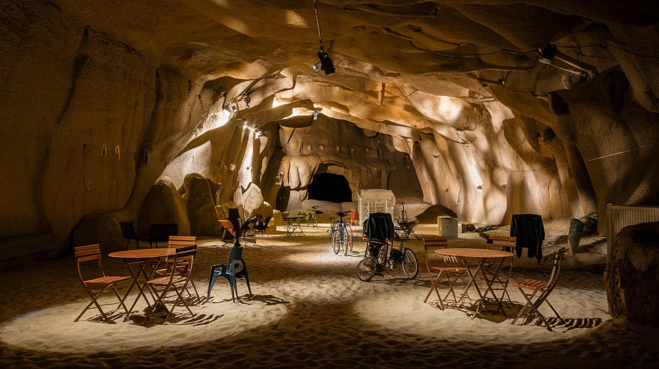 Illuminated interiors of the Cueva de Can Marçà.