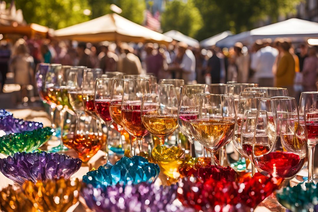 Photo of wine glasses or local crafts displayed in a market.