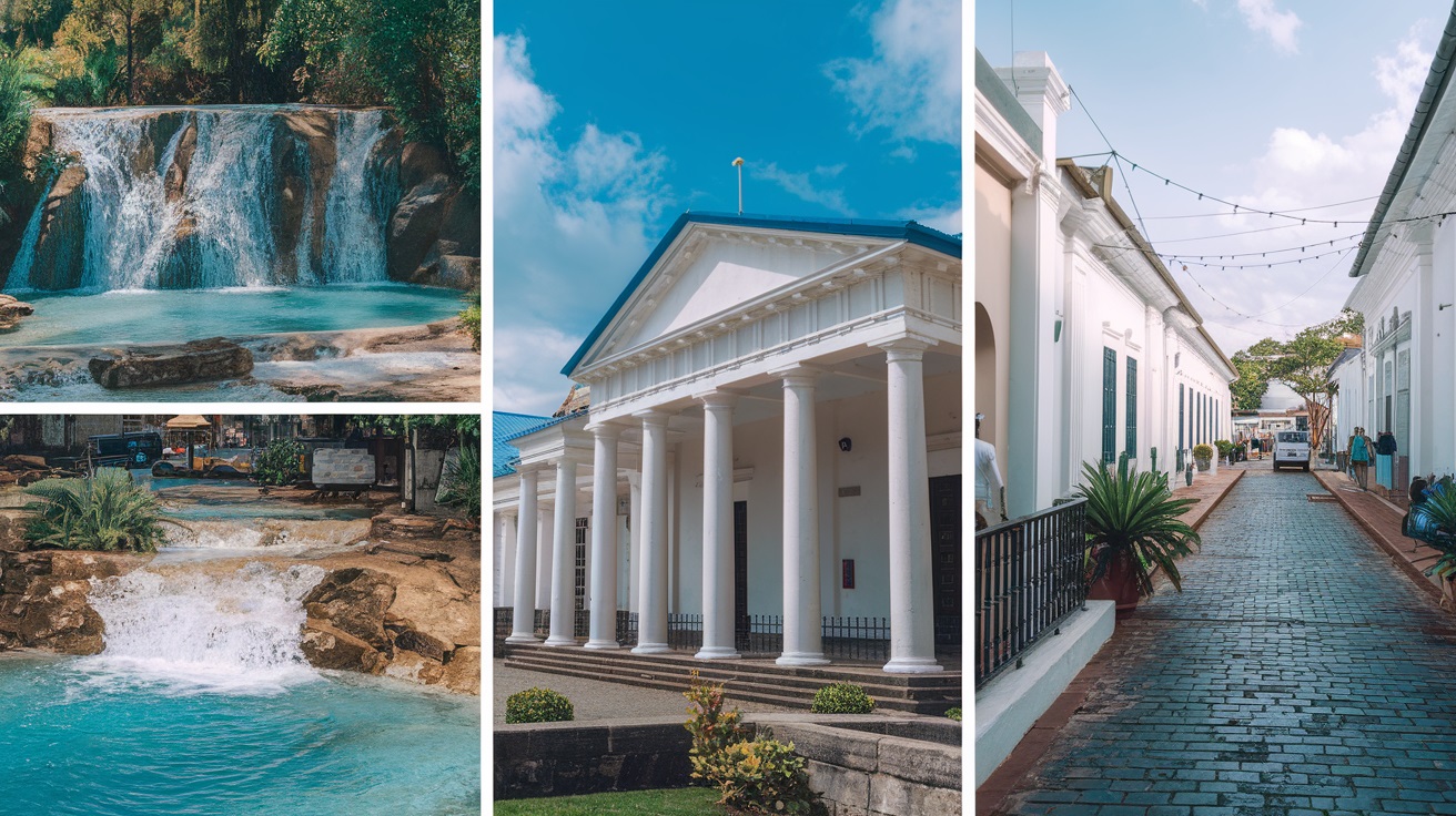 Shots of waterfalls, historical sites, and the bustling atmosphere in Santo Domingo