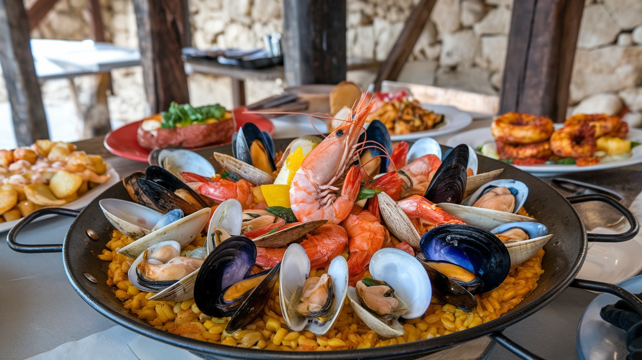 Show the Feature mouthwatering plates of paella or local tapas dishes in Ibiza.