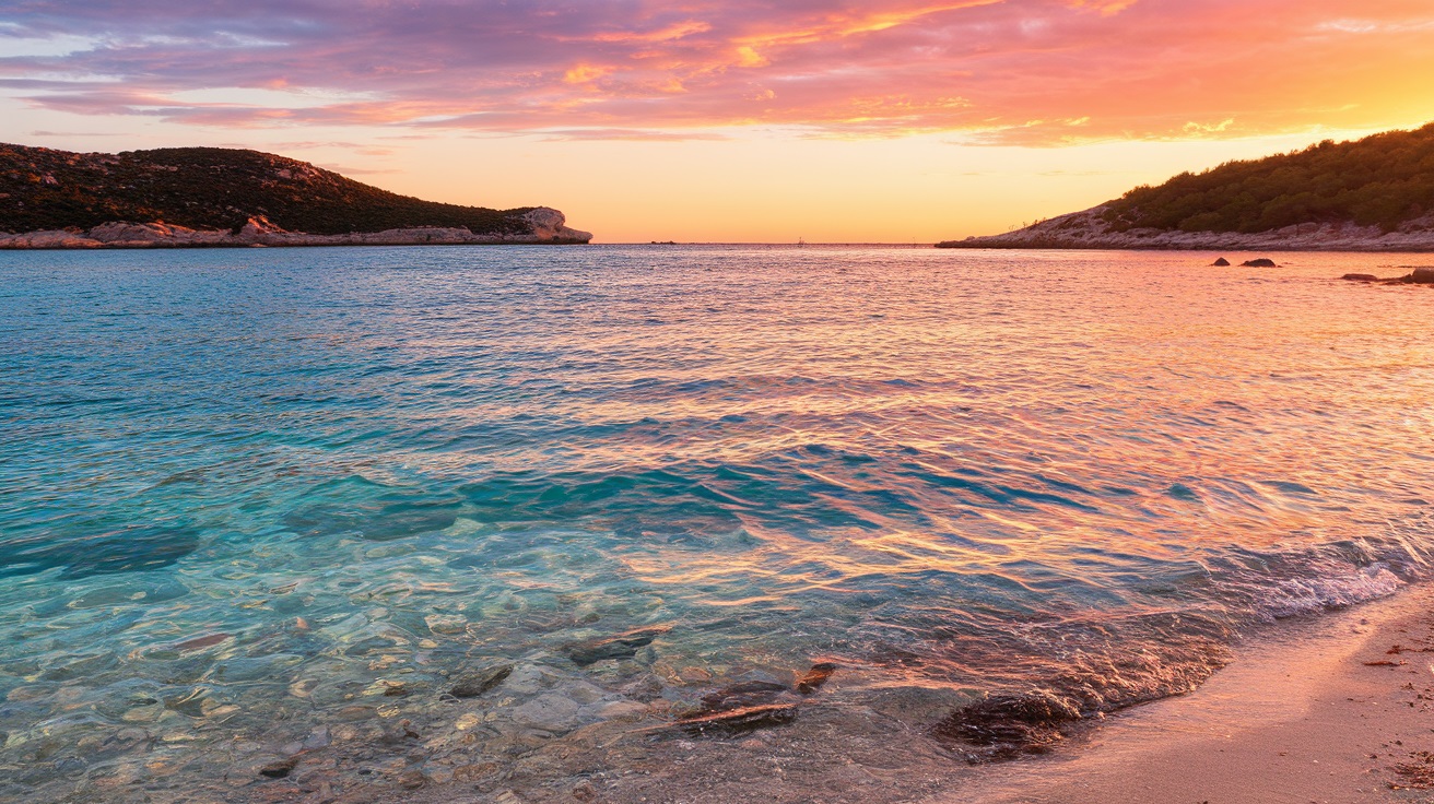 Showcase the crystal-clear water and a vibrant sunset over Cala Comte.