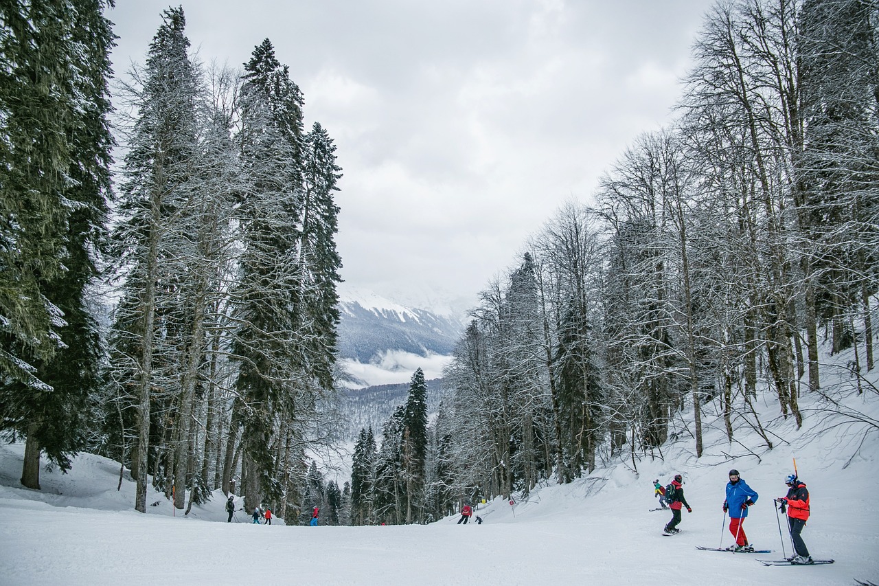 Skiers on the slopes with snow-covered peaks in the background.