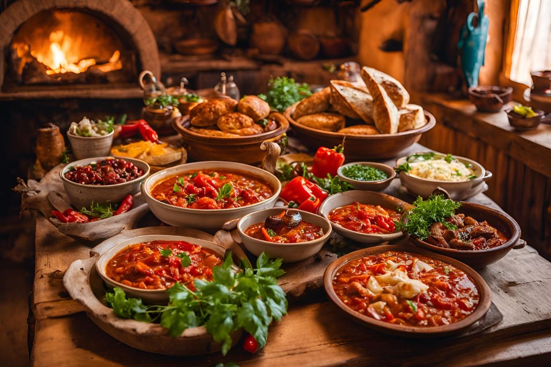 Spread of traditional Bulgarian dishes on a rustic table