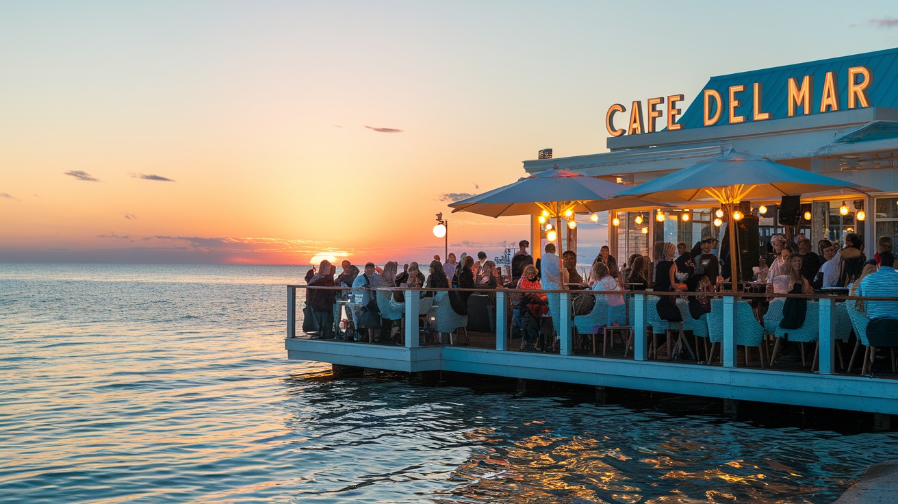 Vibrant nightlife or the crowd at Cafe del Mar during sunset