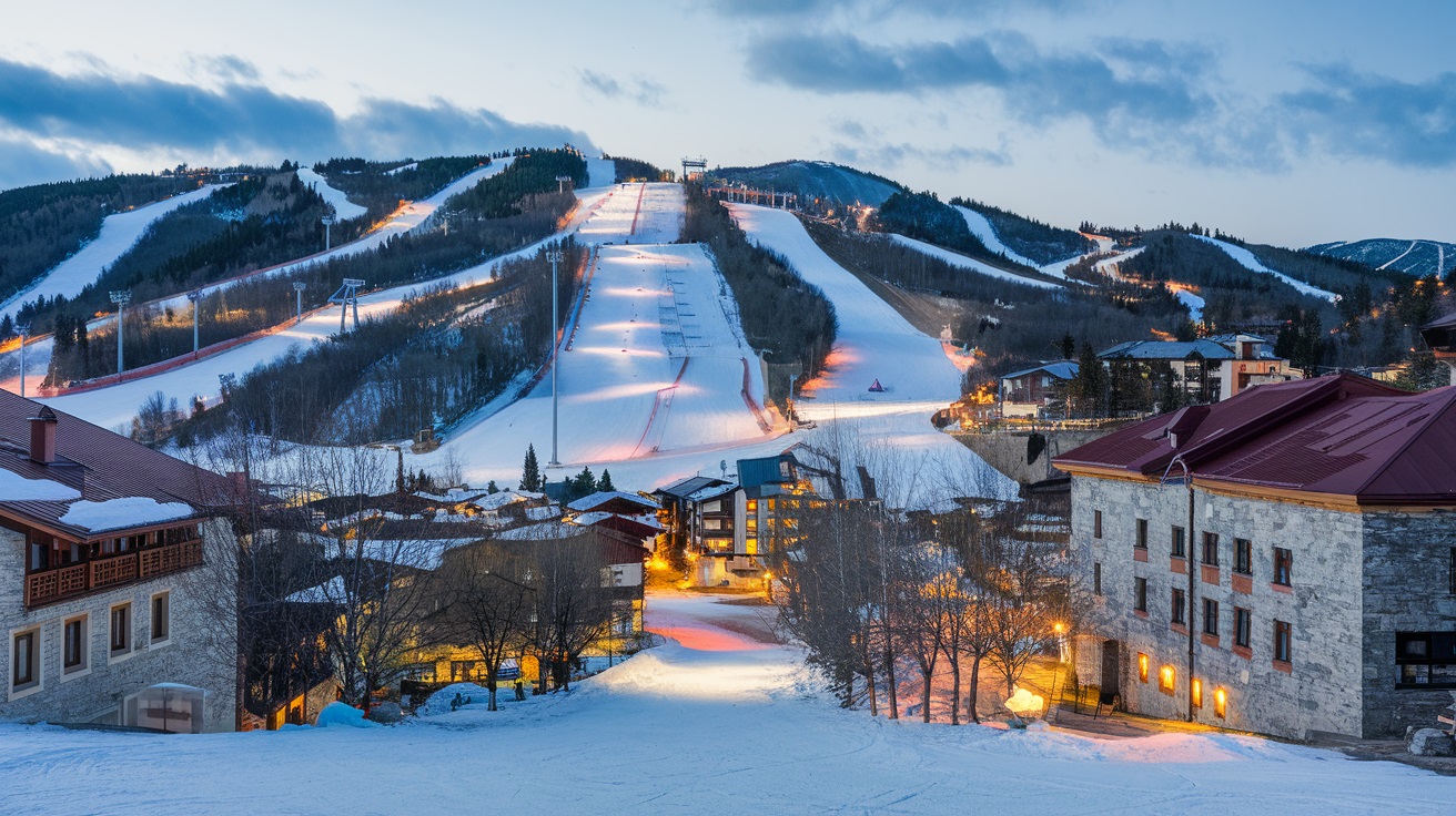 Wide-angle shot of Bansko’s ski slopes or a cozy evening in the Old Town with lights and snow.