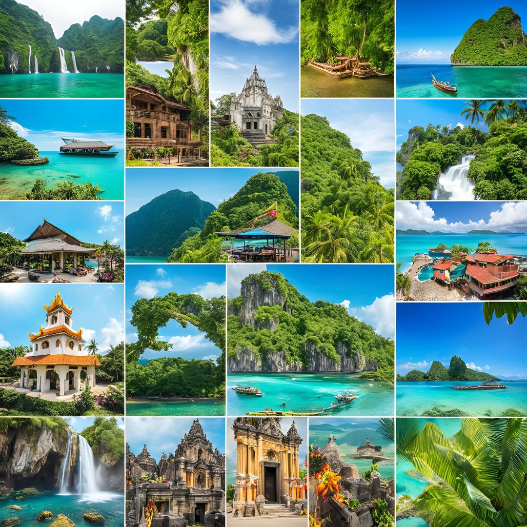 collage of the Philippines’ highlights, like beaches, waterfalls, and cultural landmarks 1