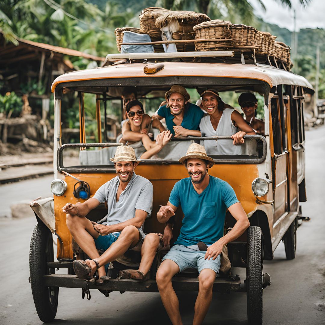 happy tourists using local transport or engaging with locals.
