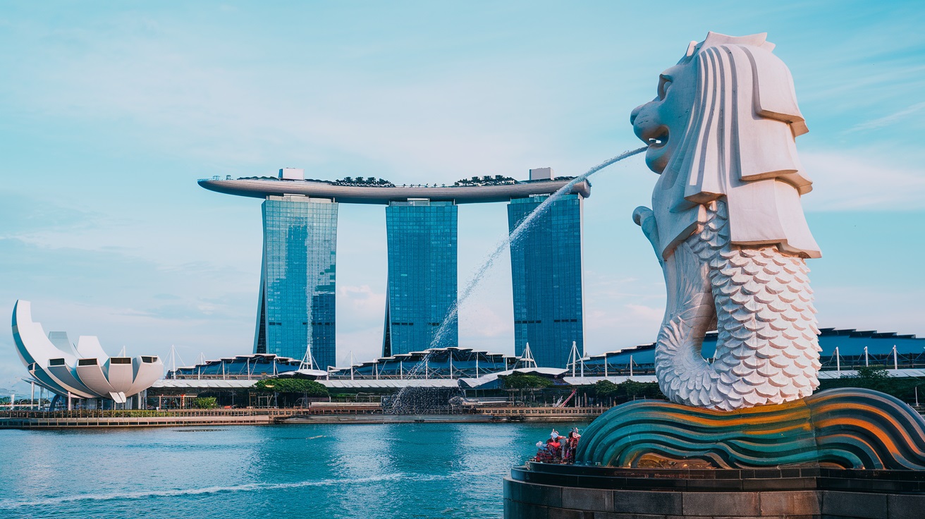 A classic shot of the Merlion with Marina Bay Sands in the background.