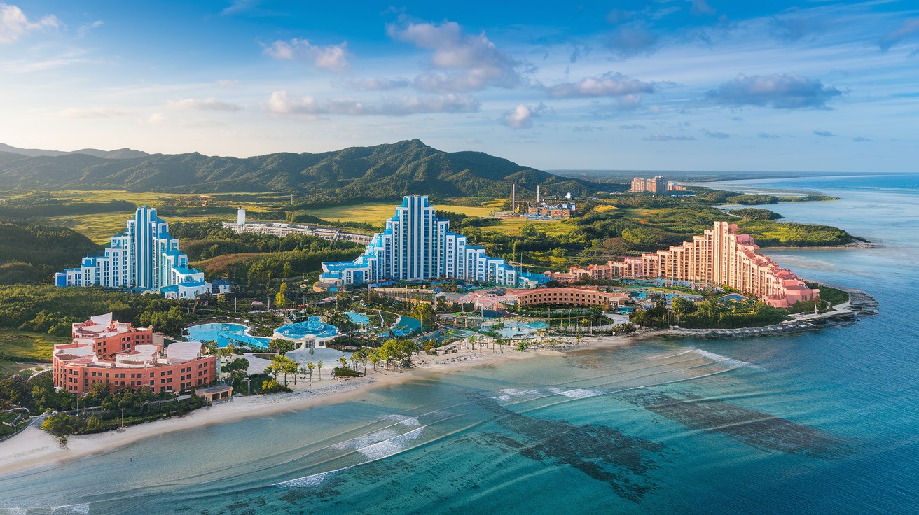 A panoramic view of the island, showing its beaches and resorts. Hainan Ocean Flower Island