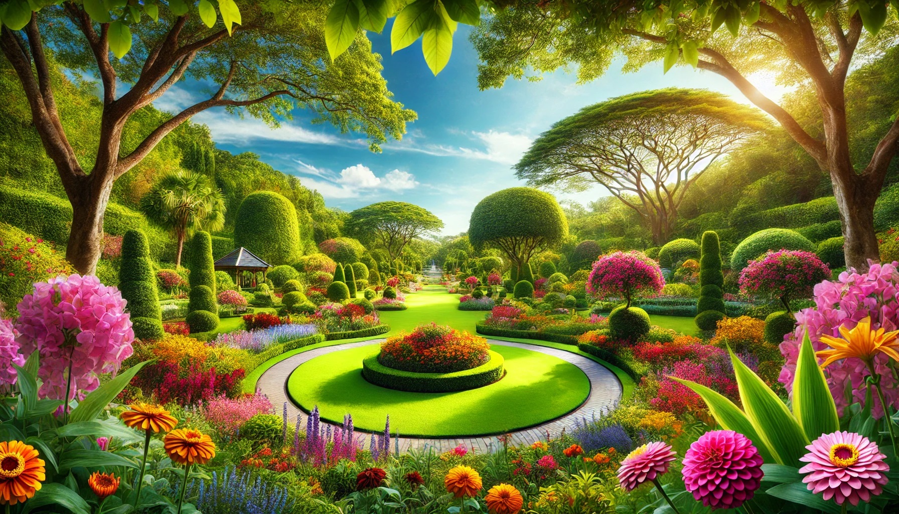 Lush greenery with colorful flowers in a garden setting.